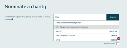 Screenshot with "Nominate a charity" search bar